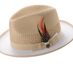 Montique BEIGE & WHITE  Center Crease Fedora Hat.     H-93